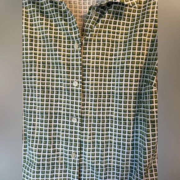 Tory Burch White/Green Checkered Button Up Short Sleeve Top - Picture 2 of 8